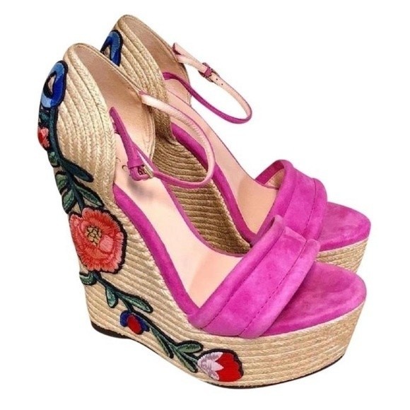Gucci Ophelia Kid Scamosciato Wedge Espadrilles - Picture 1 of 6